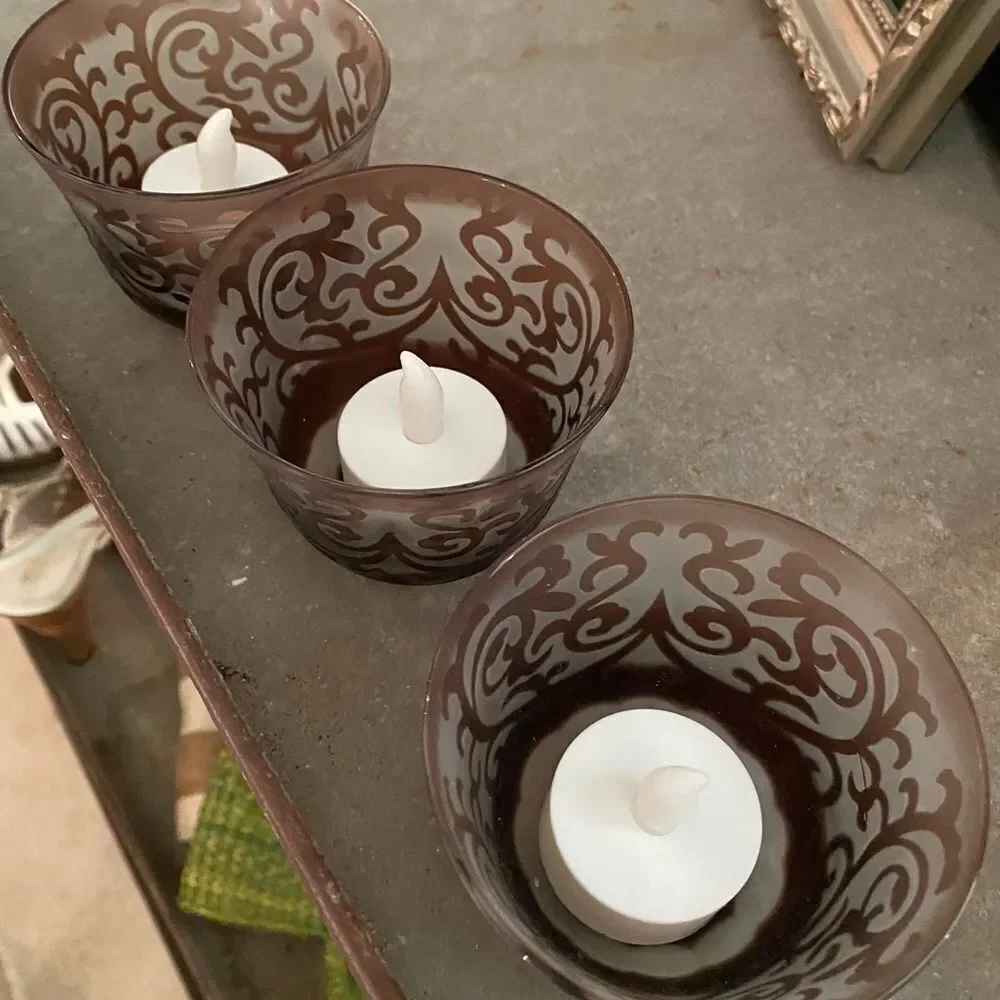 Purple Frosted Etched Glass Set of 3 Tea Light Candle Holders
